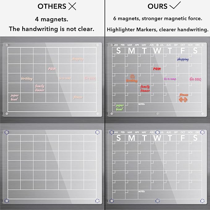 Acrylic Magnetic Dry Erase Board Calendar for Fridge, Clear Monthly Planner and Memo Whiteboard for Refrigerator, w/ 8 Colors Markers, 15 x 11