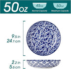 vancasso 50 oz Large Pasta Bowls Set of 6, Porcelain Serving Bowls, 9.5 Inch Wide Shallow Salad & Soup Bowls, Kitchen Pasta Plates, Microwave and Dishwasher Safe, Blue White Floral Design