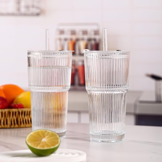 4PCS Ribbed Glass Cups with Lids and Straws, 20oz Vintage Drinking Glasses, Aesthetic Iced Coffee Cups, Glass Tumbler for Boba, Beer, Tea, Cocktails, Ribbed Glassware Set (Clear-6)