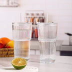 4PCS Ribbed Glass Cups with Lids and Straws, 20oz Vintage Drinking Glasses, Aesthetic Iced Coffee Cups, Glass Tumbler for Boba, Beer, Tea, Cocktails, Ribbed Glassware Set,Clear