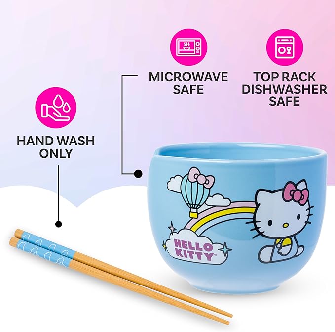 Silver Buffalo Sanrio Hello Kitty Rainbow Ceramic Ramen Bowl with Chopsticks, 20 Ounces
