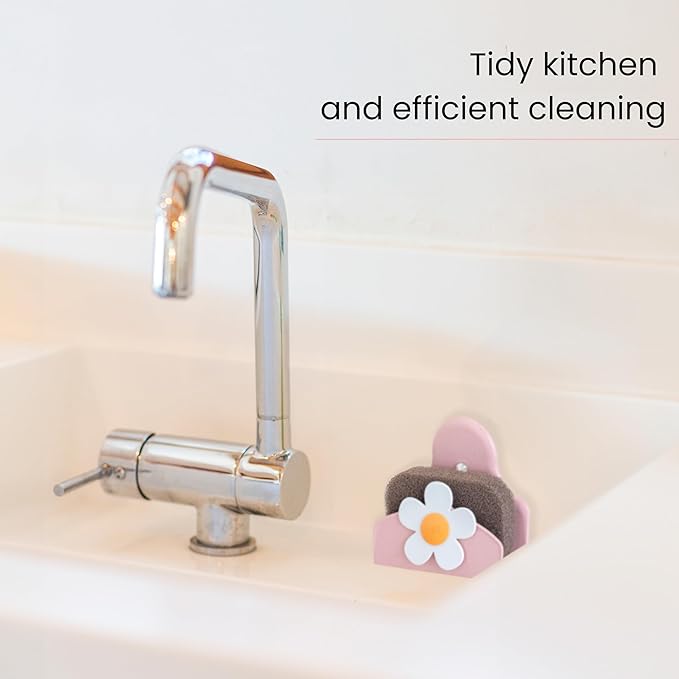 Vigar Florganic Daisy Sponge Holder for Kitchen Sink with Suction Cup and Sponge, Sink Caddy, Kitchen Organizers and Storage for Kitchen Sinks, Pink