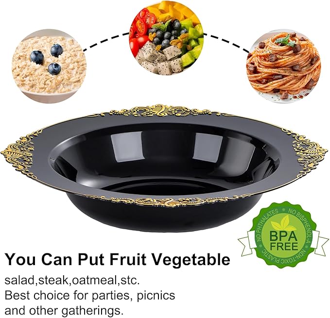 Nervure 50PCS Black Plastic Bowls with Gold Rim - 12oz Disposable Soup Bowls, Heavy Duty Salad Ice Cream Bowl Perfect For Weddings, Parties and Halloween (Pack of 2)
