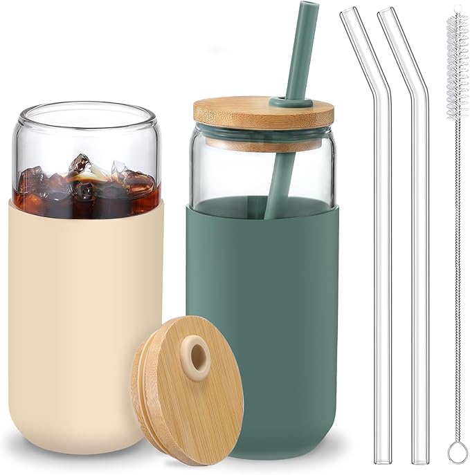 20 OZ Glass Cups with Bamboo Lids and Straws - Beer Can Drinking Glasses with Silicone Protective Sleeve Set, Iced Coffee Glasses, Cute Tumbler Cup for Water, Tea, Gift - Cambridge Blue, Amber