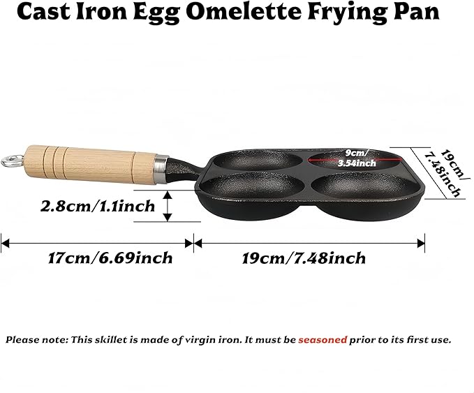 Cast Iron 4-Cup Egg Pan Skillet, Small Omelette Pan, Family Breakfast Pan for Eggs, Pancakes, Sandwich & Bruger, Suitable for Gas Stove and Induction Cooktop, Natural Nonstick with Seasoning, 7.5 inch