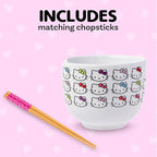 Silver Buffalo Sanrio Hello Kitty Face with Different Color Bows Pattern Ceramic Ramen Noodle Rice Bowl with Chopsticks, Microwave Safe, 20 Ounces