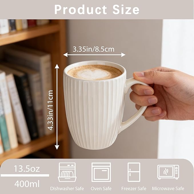14oz Ceramic White Coffee Mugs Set Of 6 - Porcelain Coffee Mugs Set - Cups For Latte, Hot Tea, Cappuccino, Mocha, Cocoa, White