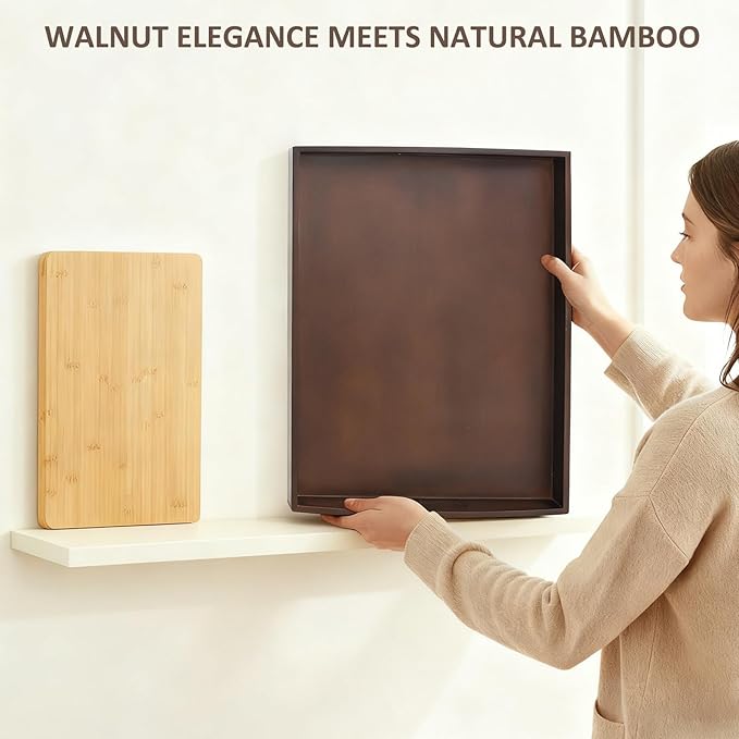 Bamboo Serving Tray with Handles, Set of 2 Large Wood ServingTrays for Food & Coffee, Elegant Wooden Tray for Breakfast in Bed, Kitchen & Party & Entertaining - Black Walnut Finish