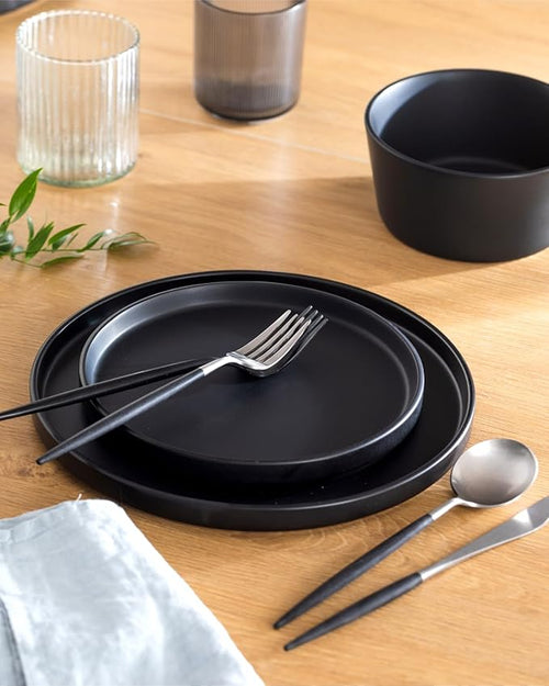 32 Piece Black Dinnerware Set for 8 | Matte Black Plates and Bowls Sets, Modern Stoneware Black Dishes Set | Scratch Resistant, Dishwasher & Microwave Safe | Matte Black Finish Ultra-Chic & Modern