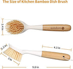 2 Pack Kitchen Dish Brush Bamboo Handle Dish Scrubber Built-in Scraper, Scrub Brush for Pans, Pots, Kitchen Sink Cleaning, Dishwashing and Cleaning Brushes are Perfect Cleaning Tools, White