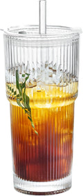 Puraville 20oz Glass Cup with Lid and Straw, Vintage Ribbed Glassware for Whiskey Cocktail Beer, Mason Jar Drinking Glasses Tumbler Iced Coffee Cup