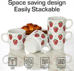 Signature Housewares Stackable Coffee Mug Tower Set with Metal Wire Rack - 15 Ounce Coffee Mugs for Coffee, Tea, Cocoa, Milk, Cappuccino, Hot Chocolate Set of 4 - Strawberry Pattern