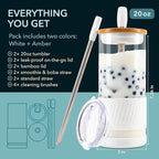 Pandaloo® Glass Cups With Lids and Straws -20 Fl Oz- Perfect Size Iced Coffee Cup - Smoothie Cup With Bamboo Lid and On the go Lid - Glass Tumbler (2 Count (Pack of 1), Amber Sand-Coton White)