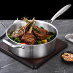 LOLYKITCH 5 QT Tri-Ply Stainless Steel Sauté Pan,12 Inch Deep Frying Pan with Lid,Large Skillet,Jumbo Cooker,Induction Cooking Pan,Dishwasher and Oven Safe.