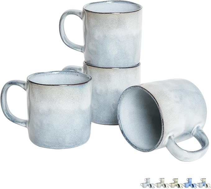 Bosmarlin Ceramic Coffee Mug Set of 4, 14 Oz, Coffee Cups with Big Handle, Microwave Safe, Unique Reactive Glaze (Light Blue, 14 Oz)