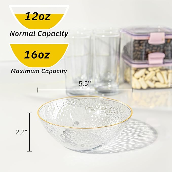 I00000 30 Pack 12 Ounce Clear Plastic Bowls Serving Bowls Hammered with Gold Rimmed, Heavy Duty Disposable Bowl Set,Small Bowl for Wedding & Party