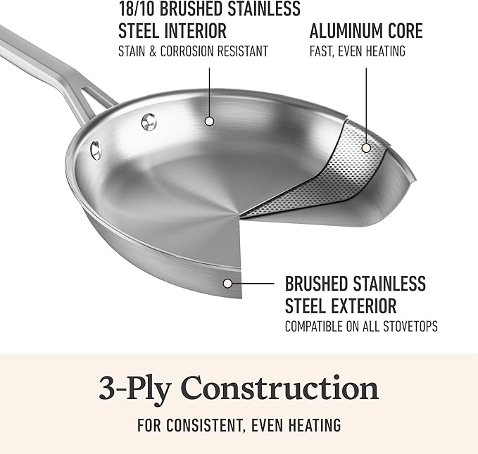 Calphalon Brushed 3-Ply Stainless Steel Cookware Set w/Turbo Heat Tech 4.5Qt Sauce Pan with Lid, Induction, Oven Safe 450F, Brushed Satinless Silver