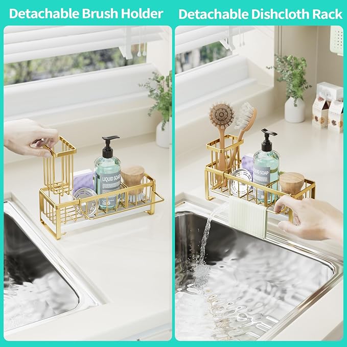 HapiRm Sponge Holder for Kitchen Sink - Self-draining Sink Caddy with Brush Holder and Dishcloth Holder, Stainless Steel Kitchen Organizer for Countertop - Gold