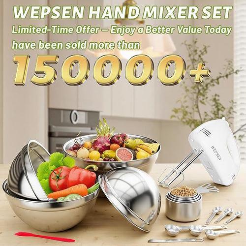 5-Speed Electric Hand Mixer, 4 Large Mixing Bowls Set, Handheld Mixers with Whisks Beater, Stainless Steel Metal Nesting Bowl Measuring Cups Spoons Kitchen Cake Blender for Baking Supplies