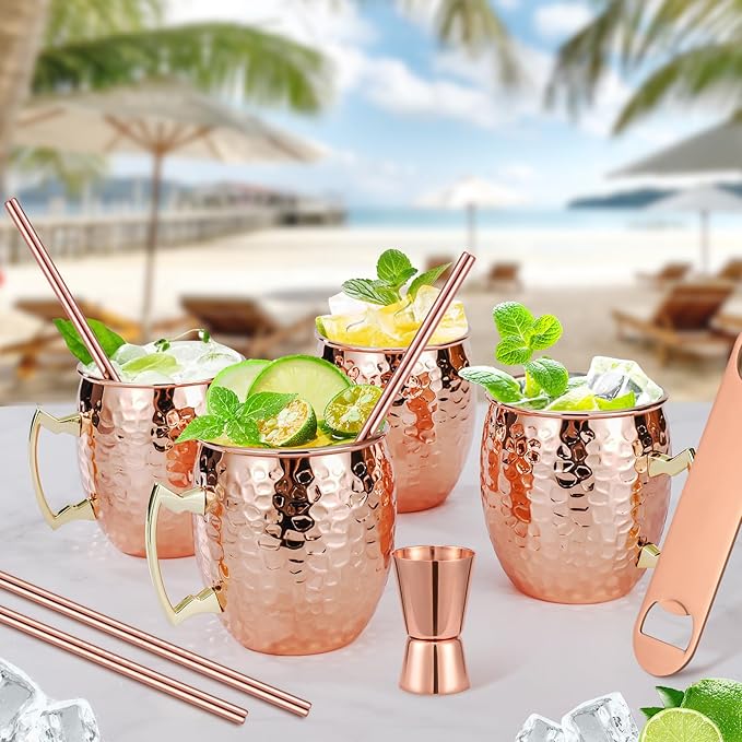 Amrules Moscow Mule Mugs Set of 4, 16 OZ Hammered Copper Cups with 304 Stainless Steel Lining and Gold Brass Handles, Includes Straws, Opener, Jigger, Brush, Fit for Cold Drinks, Bars, Parties