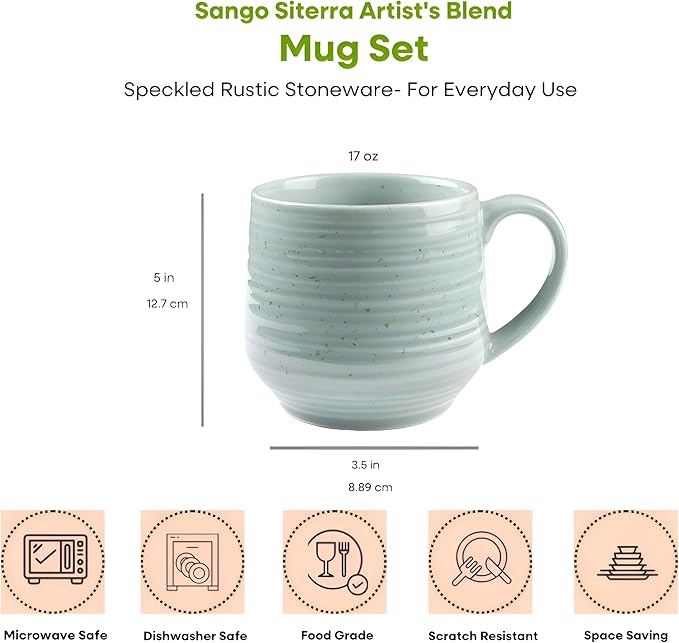 Sango Siterra Artist's Blend 17 oz. Stoneware Mug Set- Service for 4, Rustic Design, Green/White/Beige, Scratch-Resistant, Microwave & Dishwasher Safe, for Everyday Dining & Entertainment