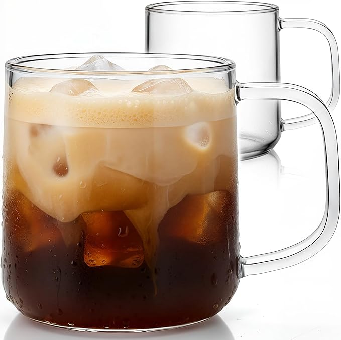 Aquach Glass Coffee Mugs, 20 oz Large Clear Drinking Glasses, Dishwasher & Microwave Safe, Everyday Use for Coffee Tea Juice, Home Office Kitchen Essentials, 2-Pack