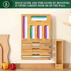 Calmbee 9 in 1 Bamboo Storage Bag Organizer for Kitchen Drawer – Plastic Wrap Dispenser with Cutter & Foil Organizer, Wooden Baggie Organizer for Sandwich, Snack, Gallon, Quart Sizes, Natural