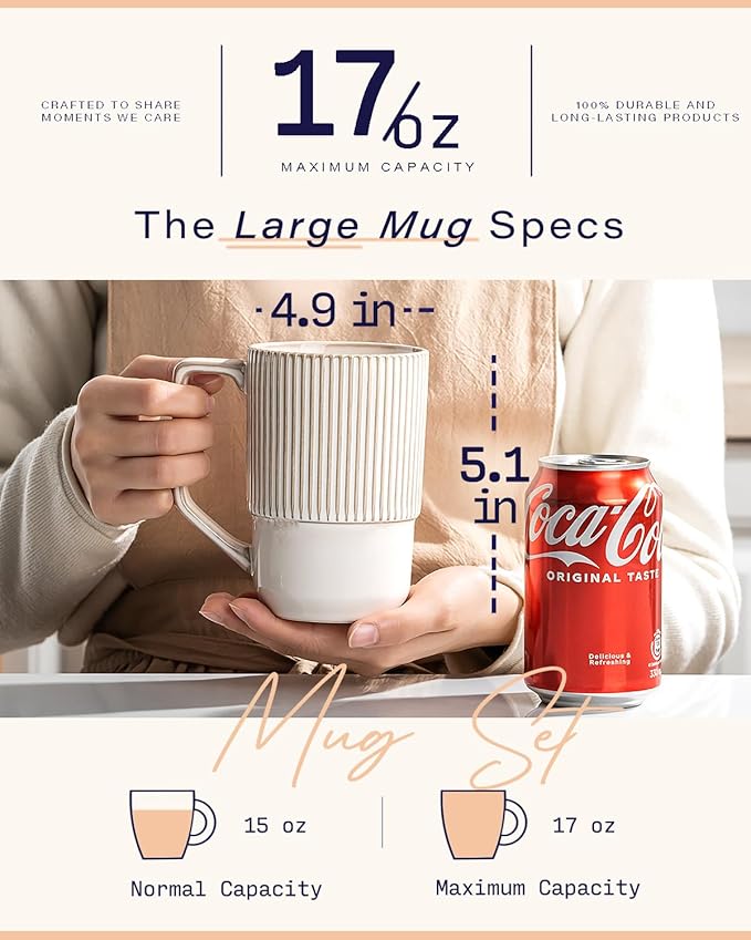 getstar Ceramic Coffee Mugs Set of 4 with Large Handles, Tall Coffee Cups 17OZ Gift Set for Men Women, Porcelain Mug for Latte, Hot Tea, Cappuccino, Milk, Cocoa, Microwave & Dishwasher Safe