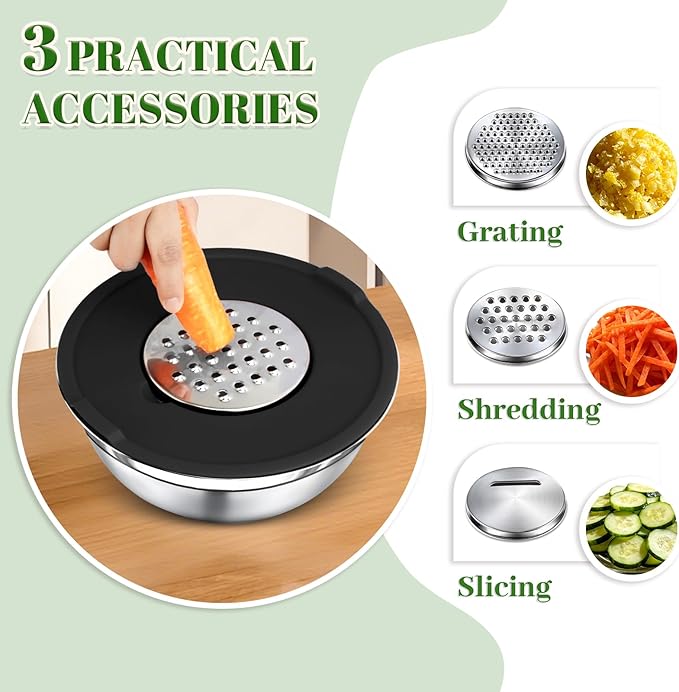 Mixing Bowls with Lids Set - 5 Nesting Mixing Bowls, 3 Grater Attachments, Airtight Lids, Stainless Steel Mixing Bowls for Mixing & Serving, Size 1.5/2.1/3.5/4/4.5 QT, Black