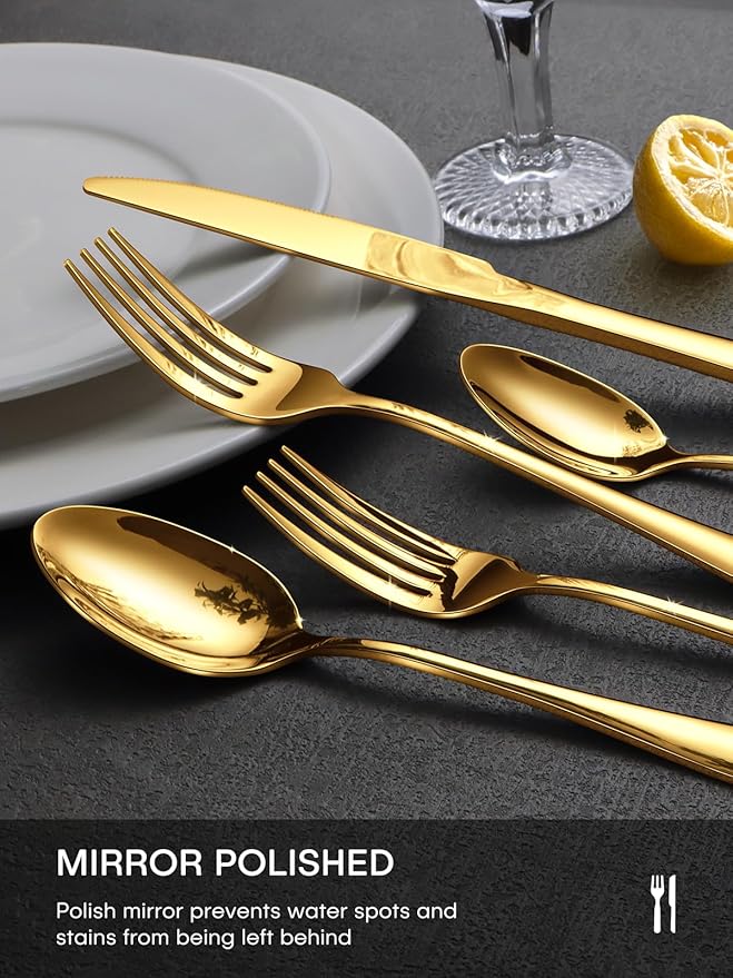 Gold Silverware Set for 12, 60 Piece Stainless Steel Flatware Set, Mirror Polished Food-Grade Cutlery Utensil Set Include Knives Forks Spoons for Kitchen Restaurant Wedding Party, Dishwasher Safe