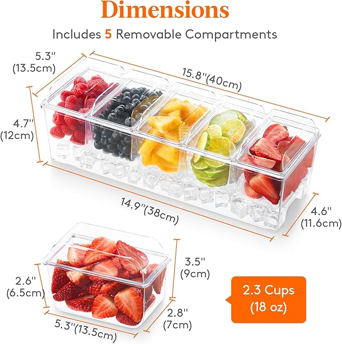 Lifewit Ice Chilled Condiment Caddy with 5 Containers, Condiment Server with Separate Lid, Serving Tray Platter with Removable Dishes for Bar Fruit Salad Taco Party Garnish, 39 x13cm/15x5