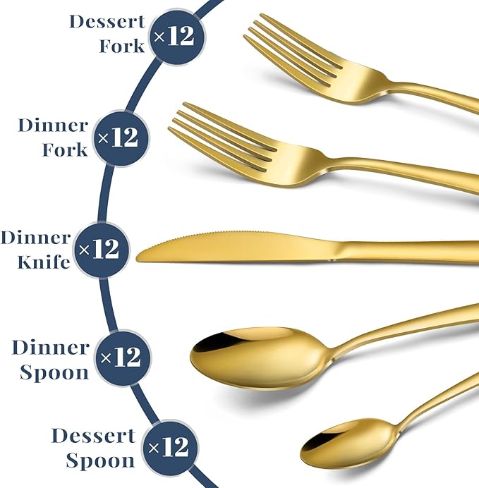 60-Piece Gold Silverware Set - Stainless Steel Silverware Set for 12, Includes Forks Spoons and Knives, Utensil Sets for Home Kitchen Restaurant, Dishwasher Safe