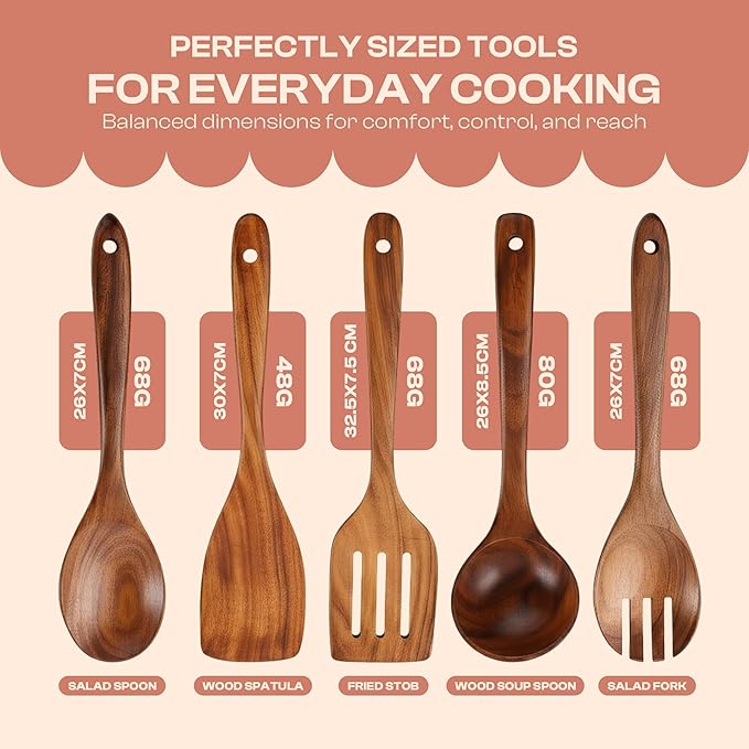 5-Piece Wooden Spoons for Cooking – Smooth Finish Teak Wood Utensils – Comfortable Grip Cooking Wood Tools Non-Stick Safe Easy to Clean Heat Resistant Scratch-Free Set