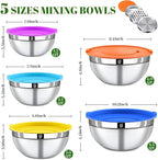 Mixing Bowls with Lids Set - 5 Nesting Mixing Bowls, 3 Grater Attachments, Airtight Lids, Stainless Steel Mixing Bowls for Mixing & Serving, Size 1.5/2.1/3.5/4/4.5 QT, Colorful