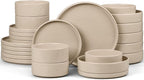 E-far Dinnerware Sets with Pasta Bowls, 24-Piece Stoneware Plates and Bowls Sets for 6 | Microwave & Dishwasher Safe Kitchen Modern Dish Set, Speckled Khaki