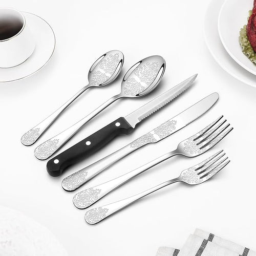 49PCS Silverware Set for 8 with Flatware Drawer Organizer, Stainless Steel Cutlery Set with Steak Knives, Include Spoons and Forks Set, Carving floral patterns, Dishwasher Safe
