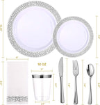 FOCUSLINE 350 Ct Silver Dinnerware Set for 50 Guests, Silver Lace Plastic Plates Disposable Heavy Duty, Including 50 Dinner & Dessert Plates, Cups, Napkins, Cutlery Set