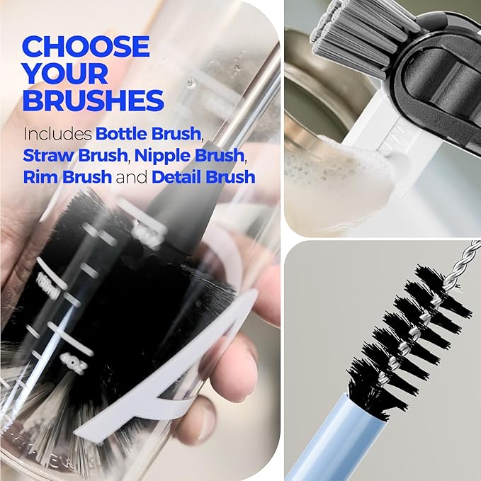 Holikme 6 Pack Bottle Brush Set, 14" Long Handle Stainless Steel Bottle Cleaner Brush, 3 Straw Brushes, 3-in-1 Bottle Cleaning Brush for Water Bottle, Antistatic Lab Brushes, Straws Black