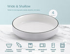 KooK Ceramic Large Pasta Bowls, Microwave and Dishwasher Safe, Great for Soups and Salads, Shallow Serving Bowls, Glossy Porcelain, 47 oz, Set of 4, French