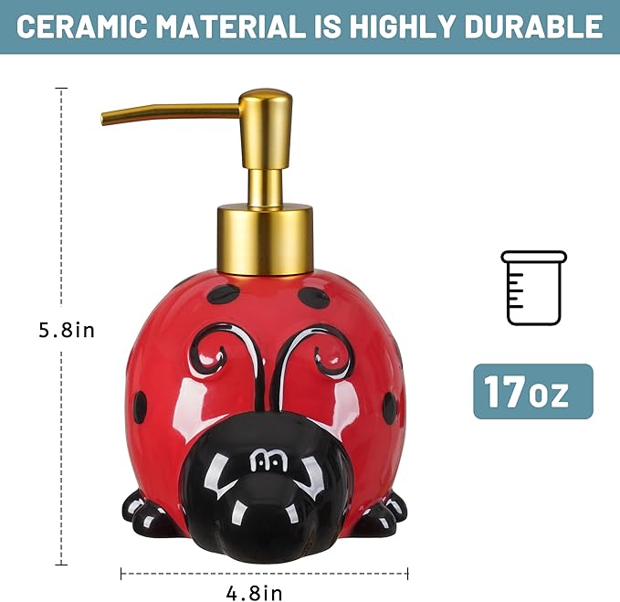 RQYIXI 17 OZ Ladybug Ceramic Soap Dispenser with ABS Pump,Refillable Liquid Bathroom soap Dispenser for Lotion ,Body Wash ,Cute Kitchen Soap Dispenser for Dish Soap,Hand Soap