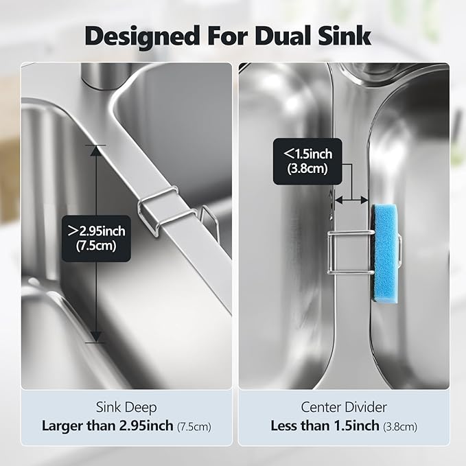 2 Pack Sponge Holder for Kitchen Sink - Movable Hanging Sponge Caddy Organizer, Stainless Steel Caddy in Over Double Bowl Sink for Brush, Stopper - Silver