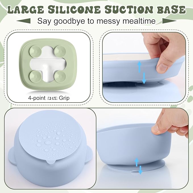 Domensi 4 Pcs Square Porcelain Kid Plate and Bowl Set with Suction, 2 Ceramic Toddler Divided Plate 2 Baby Anti Slip Silicone Sleeve Bowl for Feeding Supplies Microwave Dishwasher Safe(Blue, Green)