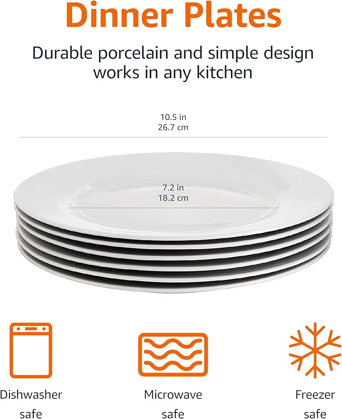 Amazon Basics 6-Piece White Dinner Plate Set, Microwave and Dishwasher Safe for Everyday Use, 10.5 inches