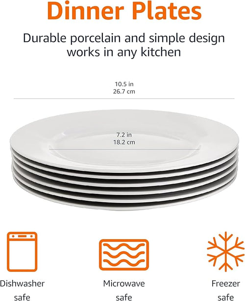 Amazon Basics 6-Piece White Dinner Plate Set, Microwave and Dishwasher Safe for Everyday Use, 10.5 inches
