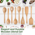 Wooden Spoons for Cooking, Beech Wood Kitchen Utensil Set, Premium Handmade Wooden Cooking Utensils for Nonstick Cookware, Heat Resistant, Smooth Finish, Comfortable Grip, 8 Piece