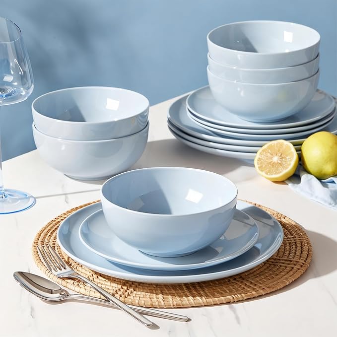 KINGSTONE 24-Piece Bone China Dinnerware Set for 8, Lightweight Porcelain Round Plates and Bowls Set, Durable Scratch Resistant Ceramic Dinner Set, Microwave & Dishwasher Safe, Misty Blue