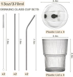 13oz Iced Coffee Cups,2Pcs Glass Cups with Lids and Straws Drinking Glasses,Clear Ribbed Glassware,Reusable Tumbler Glass to Go Cup for Matcha, Iced Tea,Juice