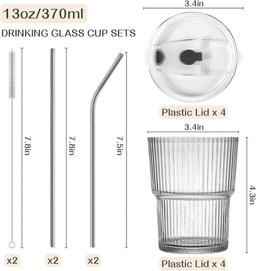 13oz Iced Coffee Cups,2Pcs Glass Cups with Lids and Straws Drinking Glasses,Clear Ribbed Glassware,Reusable Tumbler Glass to Go Cup for Matcha, Iced Tea,Juice