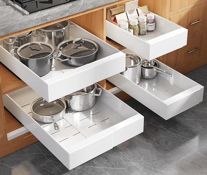 4 Pack Expandable Pull Out Cabinet Organizer 21" Deep With Raising Pad for Framed Cabinets,Upgrade 3 Slide Rails Slide Out Drawers,No Drill Roll Out Shelves,Adjustable Width 9"-14" White