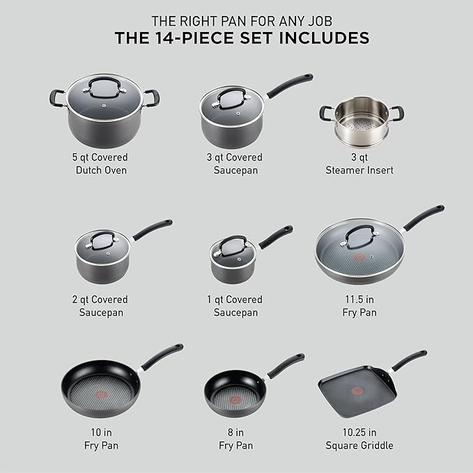 T-fal Ultimate Hard Anodized Nonstick Pots and Pans Set 14 Piece, Oven Broiler Safe 400F, Kitchen Cooking Set w/Fry Pans, Saucepans, Griddle, Dutch Oven, Dishwasher Safe, Cookware, Black